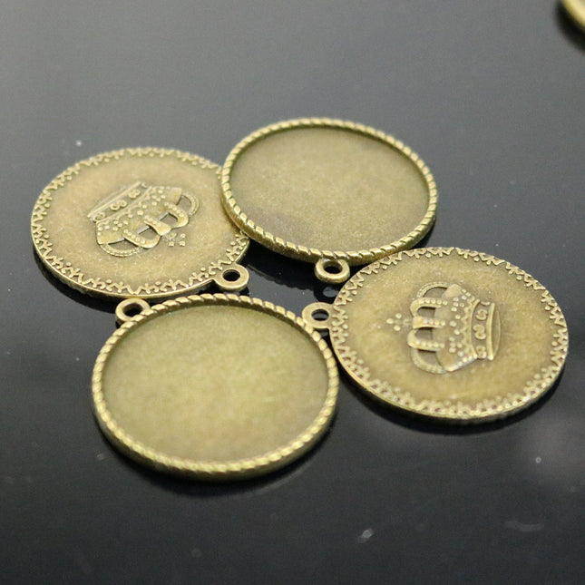 Pendant CROWN Bezels with GLASS Magnifying Domes Cabochon - 5 sets 10 pcs  - 25mm 1(one) inch Antique Brass Bezel and Circle Glass Cabochon