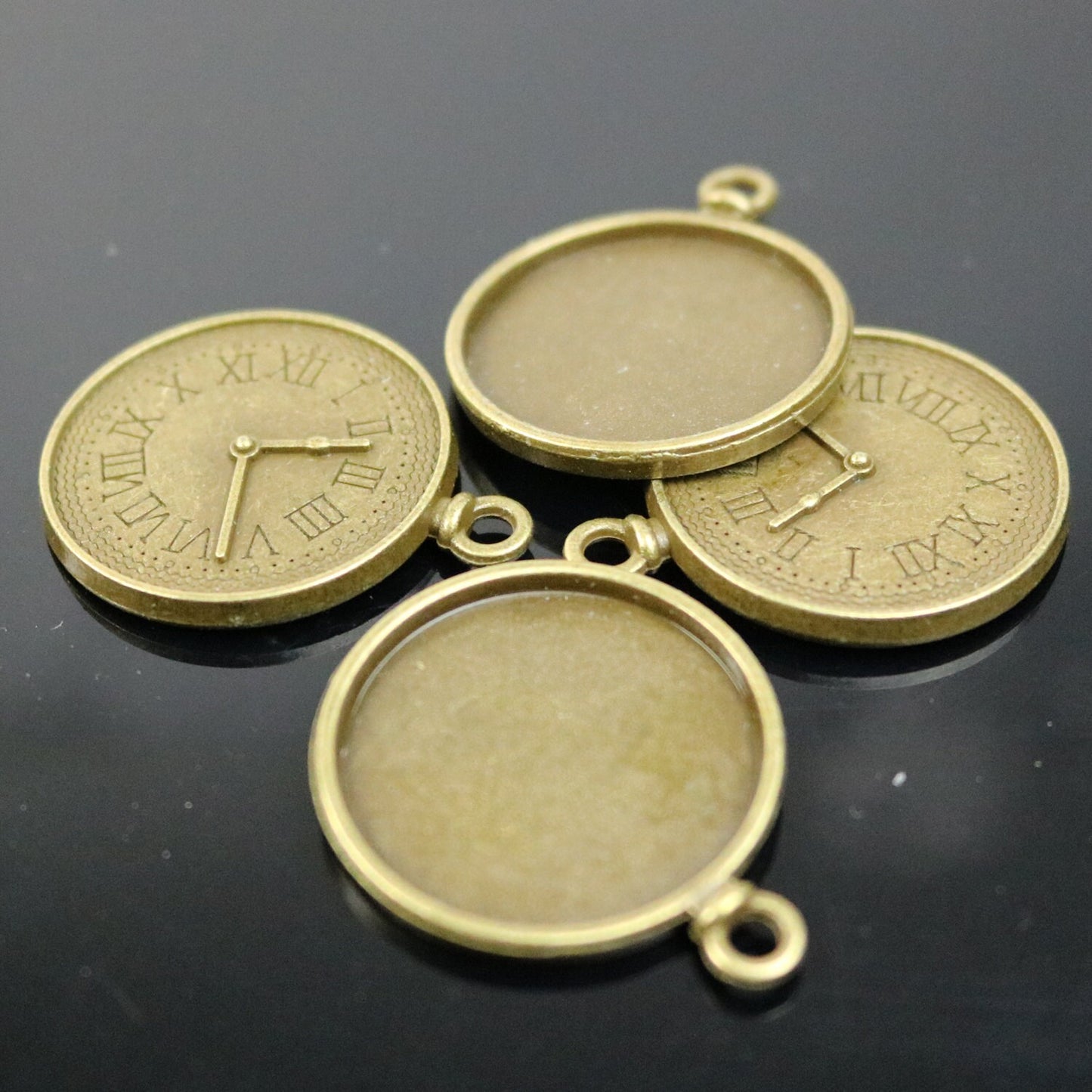 Pendant TIME Bezels with GLASS Magnifying Domes Cabochon - 5 sets 10 pcs  - 25mm 1(one) inch Antique Brass Bezel and Circle Glass Cabochon