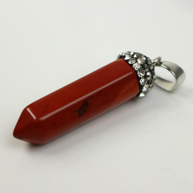 1, 5, 10pcs POINT Charm Point Pendant with 20 inch Matching Necklace, 38x8.5 mm - Brecciated Jasper, Cubic Zirconia & Gunmetal Edging