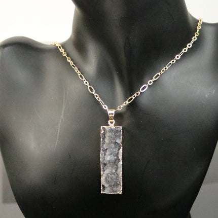 Druzy Pendant Natural Gray Agate Raw Gemstone Pendant, Rose (Pinky) Gold Electroplated Druzy Natural Stone Pendant  - 12x43 mm 6mm thickness