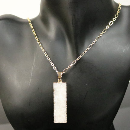 Druzy Pendant Natural White Agate Raw Gemstone Pendant, Rose(Pinky) Gold Electroplated Druzy Natural Stone Pendant  - 12x43 mm 6mm thickness