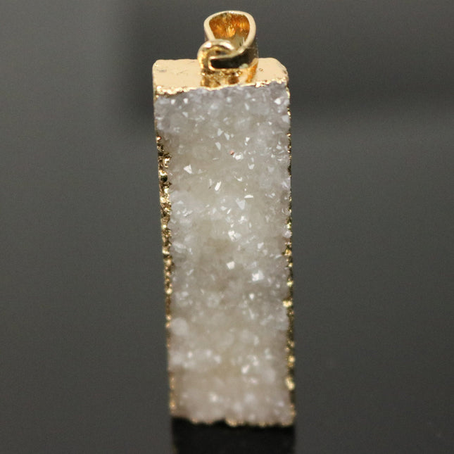 Druzy Pendant Natural White Agate Raw Gemstone Pendant, Rose(Pinky) Gold Electroplated Druzy Natural Stone Pendant  - 12x43 mm 6mm thickness