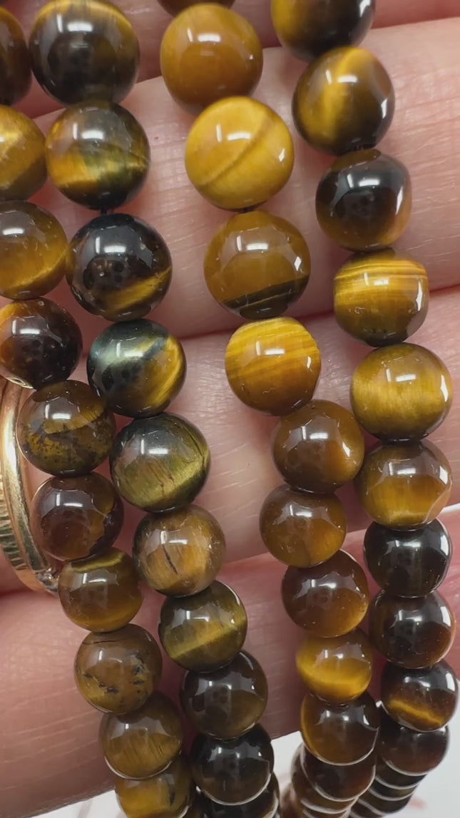 Natural Tiger’s Eye Beads 6mm, Round Smooth, 15 Inch Strand, AAA Gemstone for Jewelry Making