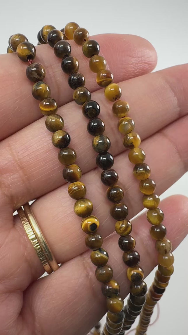Natural Tiger’s Eye Beads 4mm, Round Smooth, 15 Inch Strand, AAA Chatoyant Gemstone for Jewelry Making