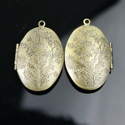 1/5 pcs Locket Antique Brass BIG Flower Oval Locket Charm Pendant photo locket - 28x42mm 10mm thickness AE017
