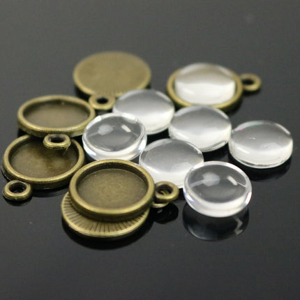 Pendant BEZELS with GLASS Magnifying Domes Cabochon - 5 sets 10 pcs  - 10mm 3/8 inch Antique Brass Bezel and Circle Domed Glass Cabochon