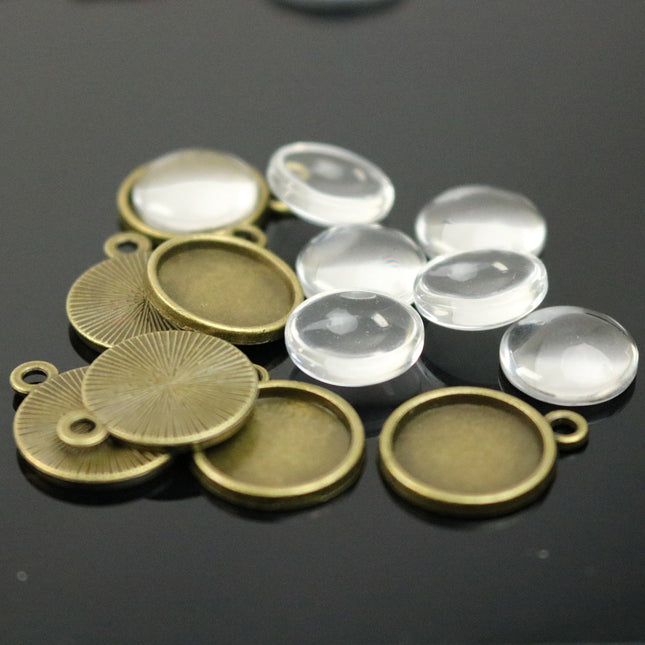 Pendant BEZELS with GLASS Magnifying Domes Cabochon - 5 sets 10 pcs  - 12mm 1/2 inch Antique Brass Bezel and Circle Domed Glass Cabochon