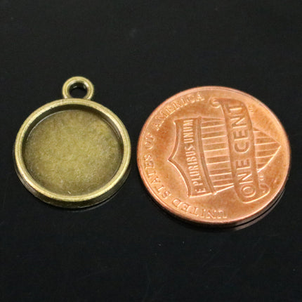 Pendant BEZELS with GLASS Magnifying Domes Cabochon - 5 sets 10 pcs  - 12mm 1/2 inch Antique Brass Bezel and Circle Domed Glass Cabochon