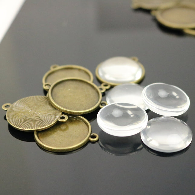 Pendant BEZELS Link with GLASS Magnifying Domes Cabochon - 5 sets 10 pcs  - 20mm 13/16 inch Antique Brass Bezel and Circle Glass Cabochon