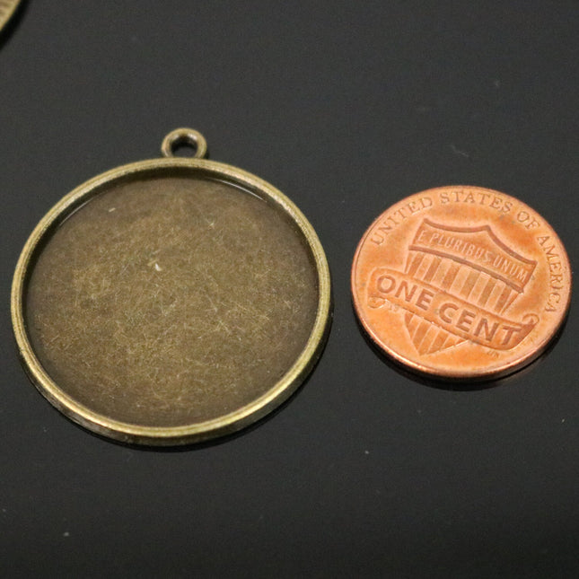 Pendant BEZELS Link with GLASS Magnifying Domes Cabochon - 5 sets 10 pcs  - 25mm 1 inch Antique Brass Bezel and Circle Glass Cabochon