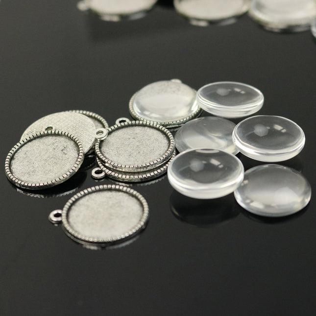 Pendant BEZELS Link with GLASS Magnifying Domes Cabochon - 5 sets 10 pcs  - 20mm 13/16 inch Antique Silver Bezel and Circle Glass Cabochon