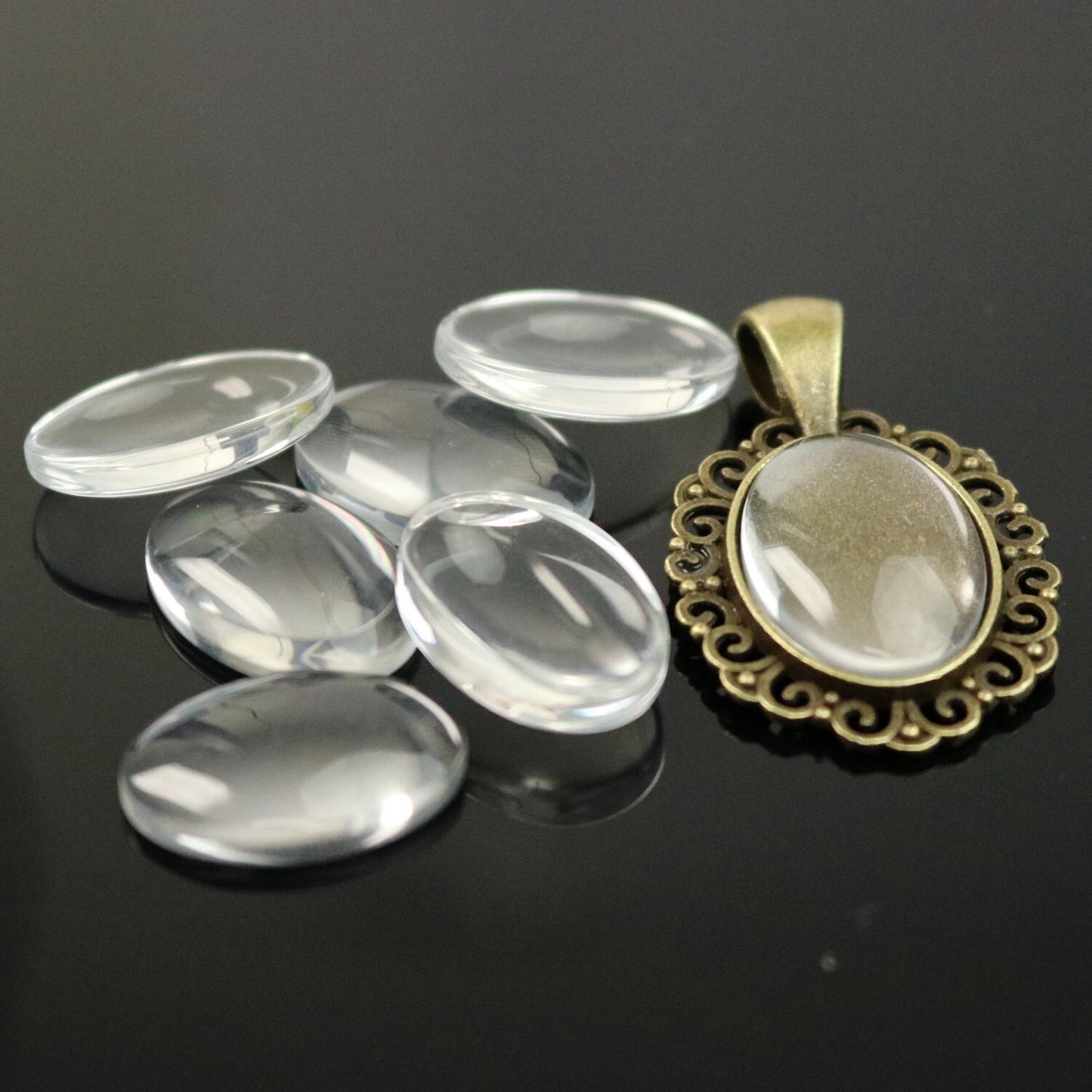 Pendant BEZELS with GLASS Magnifying OVAL Domes Cabochon - 5 sets 10 pcs  - 13x18mm 1/2x1 inch Antique Brass Bezel and Oval Glass Cabochon