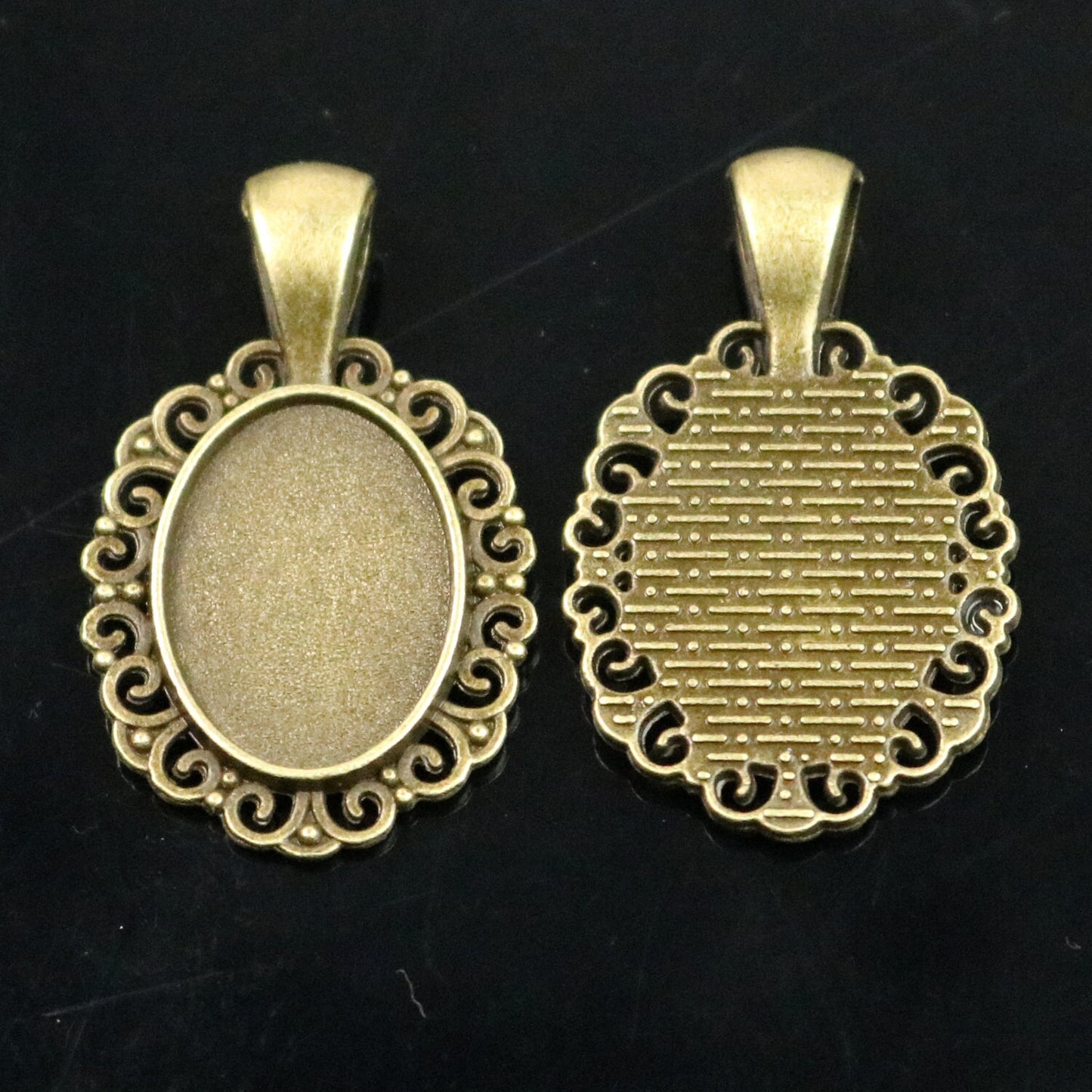 Pendant BEZELS with GLASS Magnifying OVAL Domes Cabochon - 5 sets 10 pcs  - 13x18mm 1/2x1 inch Antique Brass Bezel and Oval Glass Cabochon