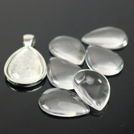 Pendant BEZELS with GLASS Magnifying Tear Drop Domes Cabochon - 5 sets 10 pcs  - 18x25mm 3/4x1 inch Antique Silver Bezel and Glass Cabochon