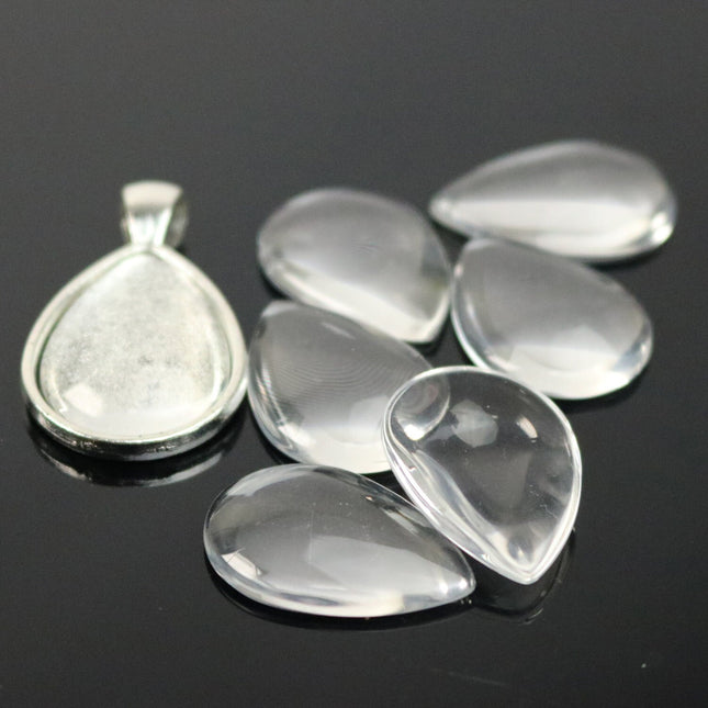 Pendant BEZELS with GLASS Magnifying Tear Drop Domes Cabochon - 5 sets 10 pcs  - 18x25mm 3/4x1 inch Antique Silver Bezel and Glass Cabochon