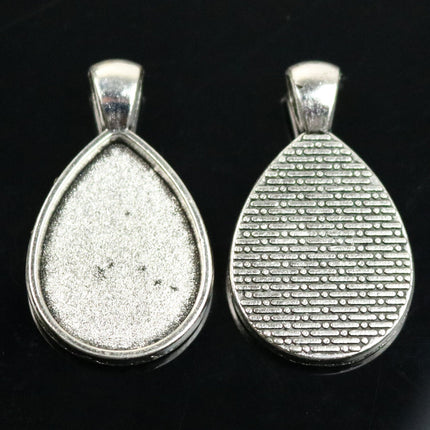 Pendant BEZELS with GLASS Magnifying Tear Drop Domes Cabochon - 5 sets 10 pcs  - 18x25mm 3/4x1 inch Antique Silver Bezel and Glass Cabochon