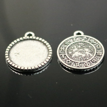 12 Zodiac Sign Pendant BEZELS with GLASS Magnifying Domes Cabochon - 5 sets 10 pcs  - 16mm 5/8 inch Antique Silver Bezel and Circle Domed