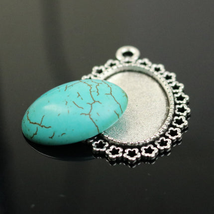 5 Sets 18x25mm Howlite Turquoise Oval Cabochon with Matching Antique Silver Bezel Pendant - 18x25mm 3/4c1 inch  6mm thickness