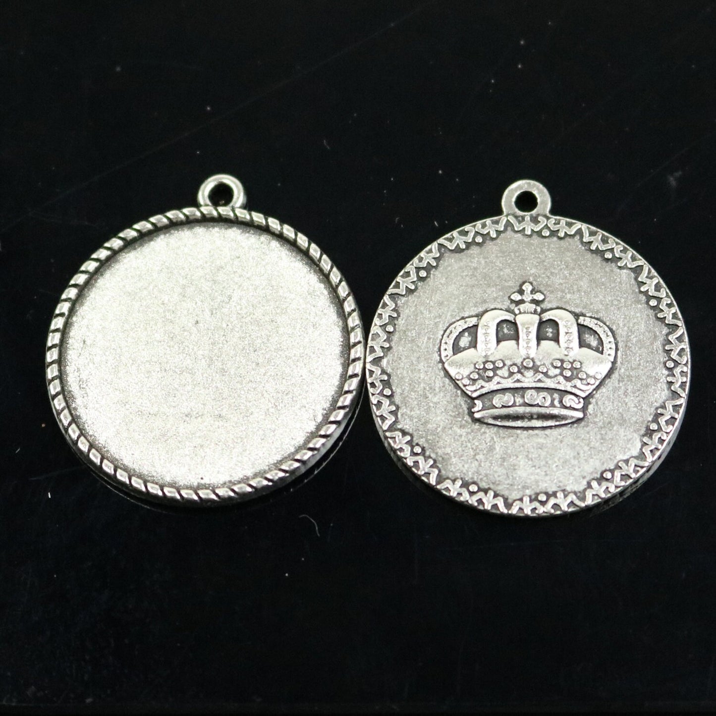 Pendant CROWN Bezels with GLASS Magnifying Domes Cabochon - 5 sets 10 pcs  - 25mm 1(one) inch Antique Silver Bezel and Circle Glass Cabochon