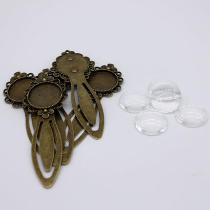 Bookmark with 20mm GLASS Magnifying Domes Cabochon - 5 sets 10 pcs  - 83mmx28mm Antique Brass - S001