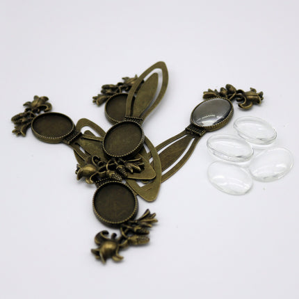 Bookmark with 18x25mm GLASS Magnifying Domes Cabochon - 5 sets 10 pcs  - 99mmx33mm Antique Brass - S011