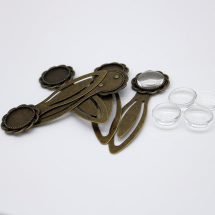 Bookmark with 18mm GLASS Magnifying Domes Cabochon - 5 sets 10 pcs  - 76mmx26mm Antique Brass - S050