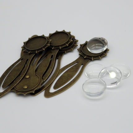 Bookmark with 18mm GLASS Magnifying Domes Cabochon - 5 sets 10 pcs  - 80mmx26mm Antique Brass - S992