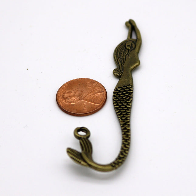 5 pcs of Alloy Bookmark with loop, Mermaid Alloy Bookmark - 81mmx22mm Antique Brass