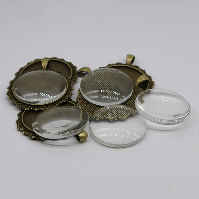 Pendant Big BEZELS Link w/GLASS Magnifying Domes Cabochon - 5 sets 10 pcs  - 35mm app. 1-3/8inch Antique Brass Bezel and Glass Cabochon
