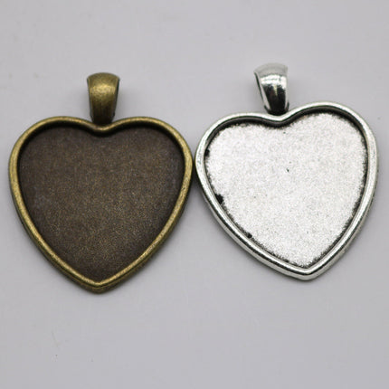 5 set 10 pcs of Pendant Big HEART BEZELS w/GLASS Magnifying Domes Cabochon - 30mm app. 1-3/16inch Antique Silver Bezel and Glass Cabochon