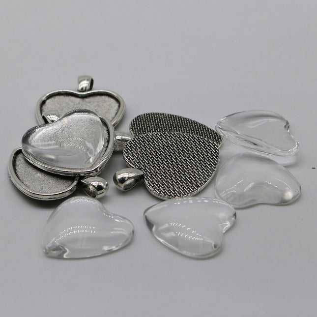 5 set 10 pcs of Pendant Big HEART BEZELS w/GLASS Magnifying Domes Cabochon - 30mm app. 1-3/16inch Antique Silver Bezel and Glass Cabochon