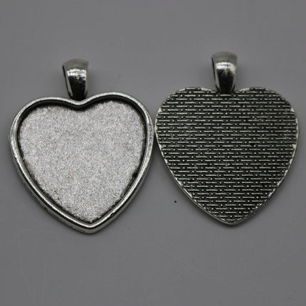 5 set 10 pcs of Pendant Big HEART BEZELS w/GLASS Magnifying Domes Cabochon - 30mm app. 1-3/16inch Antique Silver Bezel and Glass Cabochon