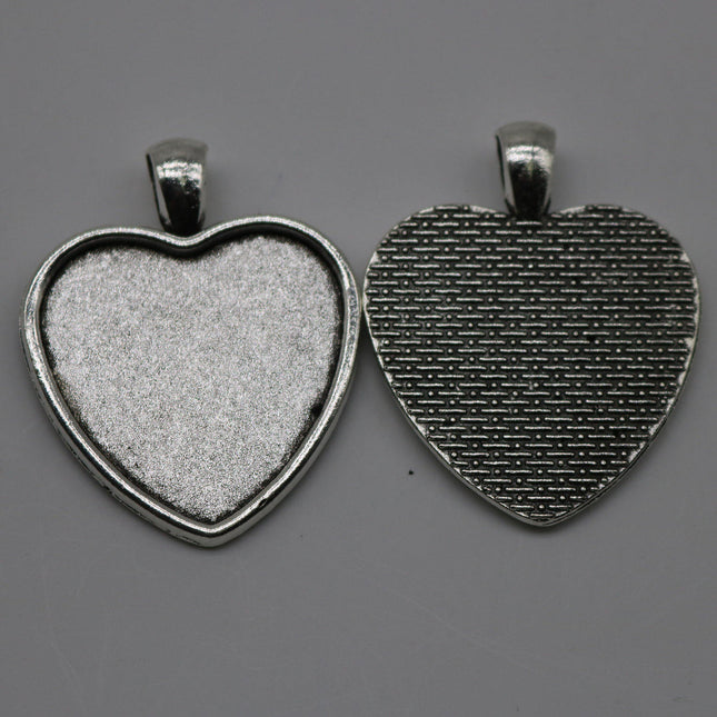 5 set 10 pcs of Pendant Big HEART BEZELS w/GLASS Magnifying Domes Cabochon - 30mm app. 1-3/16inch Antique Silver Bezel and Glass Cabochon