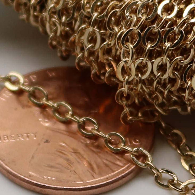 32 feet Pinky Gold Chain (Champagne Gold) Chain - 3x1.7mm SOLDER Flat Cable Chain - Oval Flat Soldered Cable  - 317F