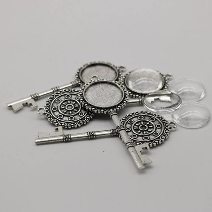 KEY Bezel with 20mm GLASS Magnifying Domes Cabochon - 5 sets 10 pcs  - 71mmx27mm Antique Silver - KB02
