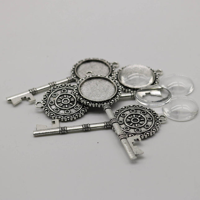 KEY Bezel with 20mm GLASS Magnifying Domes Cabochon - 5 sets 10 pcs  - 71mmx27mm Antique Silver - KB02