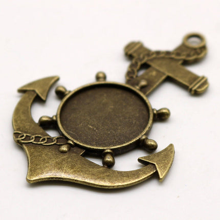 ANCHOR Bezel with 20mm GLASS Magnifying Domes Cabochon - 5 sets 10 pcs  - 61mmx43mm Antique Brass - KB03