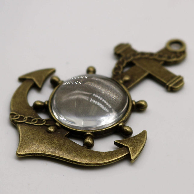 ANCHOR Bezel with 20mm GLASS Magnifying Domes Cabochon - 5 sets 10 pcs  - 61mmx43mm Antique Brass - KB03