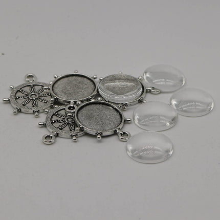 RUDDER Bezel with 20mm GLASS Magnifying Domes Cabochon - 5 sets 10 pcs  - 32mmx27mm Antique Silver - KB04