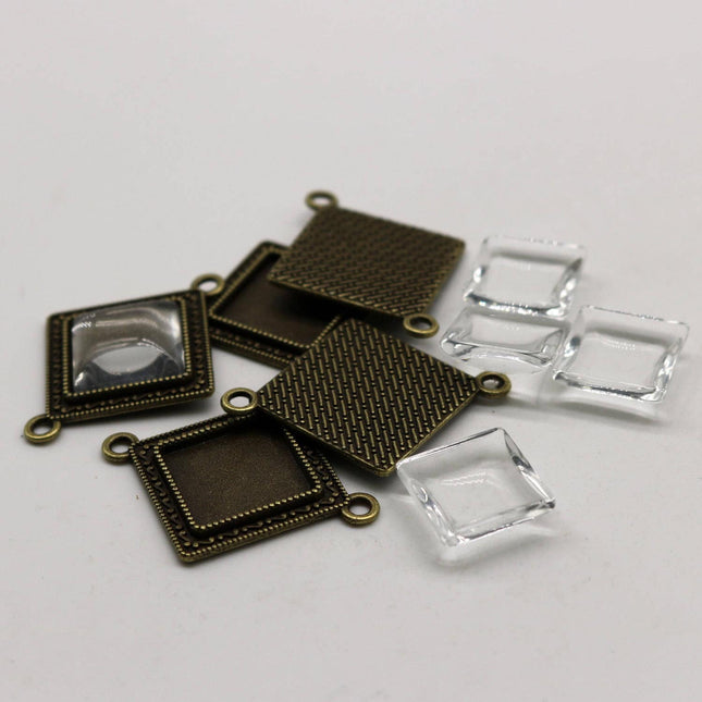 SQUARE Bezel with 15mmX15mm GLASS Magnifying Domes Cabochon LINk - 5 sets 10 pcs  - 38mmx30mm Antique Brass - KB05
