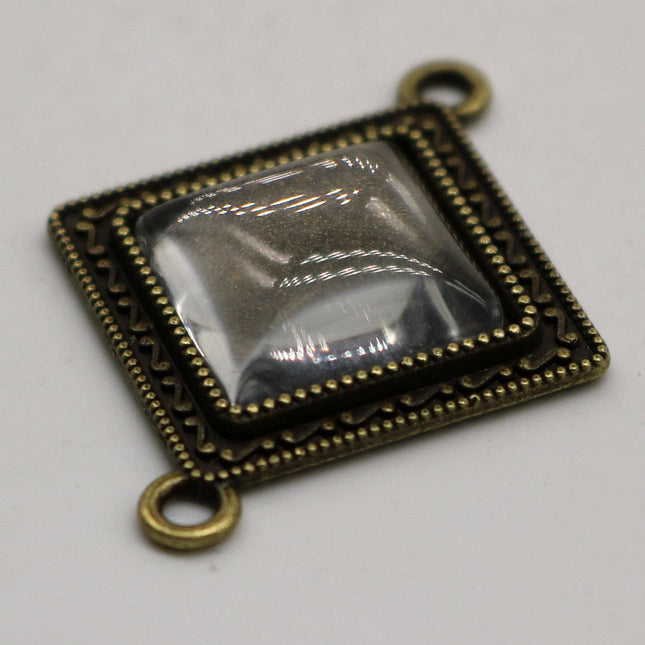 SQUARE Bezel with 15mmX15mm GLASS Magnifying Domes Cabochon LINk - 5 sets 10 pcs  - 38mmx30mm Antique Brass - KB05