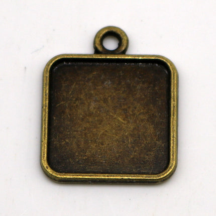 SQUARE Bezel with 15mmX15mm GLASS Magnifying Domes Cabochon - 5 sets 10 pcs  - 21mmx18mm Antique Brass - KB07