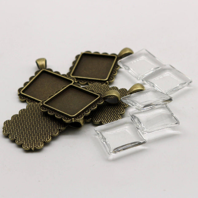 SQUARE Bezel with 20mmX20mm GLASS Magnifying Domes Cabochon - 5 sets 10 pcs  - 42mmx33mm Antique Brass - KB08