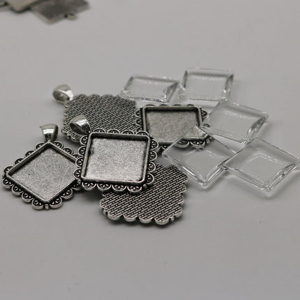 SQUARE Bezel with 20mmX20mm GLASS Magnifying Domes Cabochon - 5 sets 10 pcs  - 42mmx33mm Antique Silver - KB08