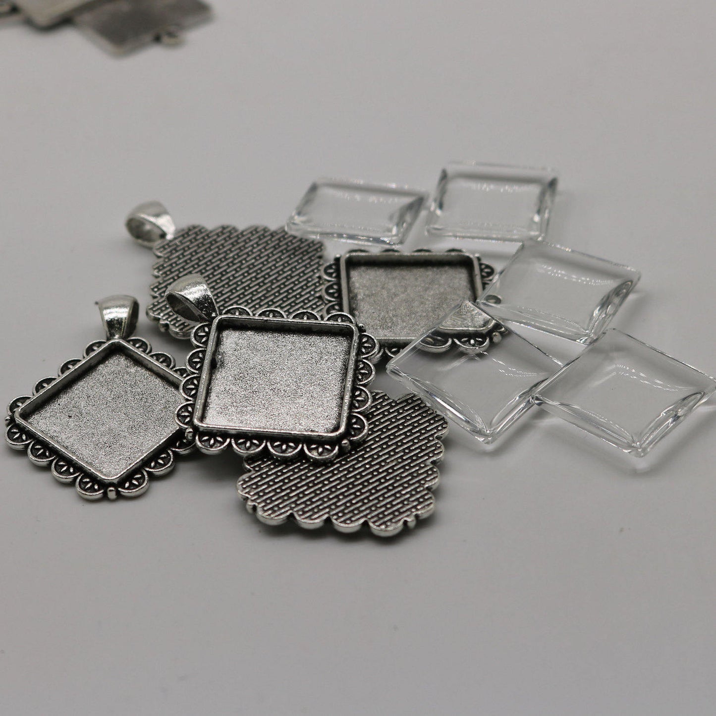 SQUARE Bezel with 20mmX20mm GLASS Magnifying Domes Cabochon - 5 sets 10 pcs  - 42mmx33mm Antique Silver - KB08 - We are USA Seller