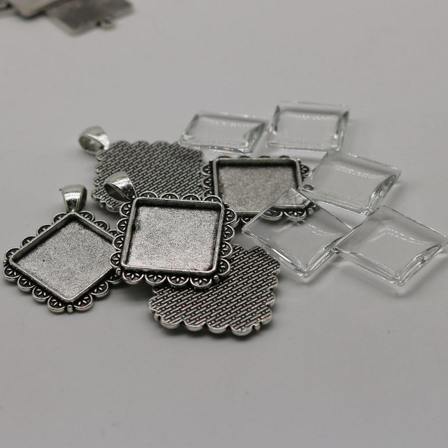 SQUARE Bezel with 20mmX20mm GLASS Magnifying Domes Cabochon - 5 sets 10 pcs  - 42mmx33mm Antique Silver - KB08