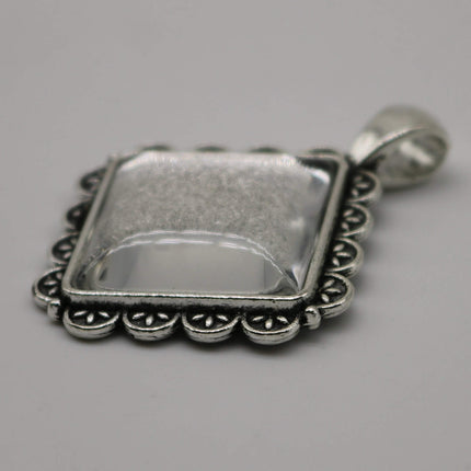 SQUARE Bezel with 20mmX20mm GLASS Magnifying Domes Cabochon - 5 sets 10 pcs  - 42mmx33mm Antique Silver - KB08
