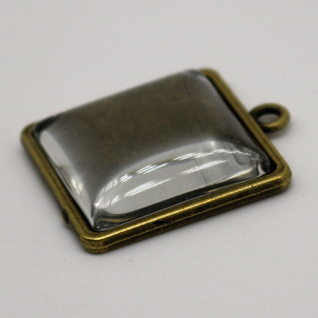 SQUARE Bezel with 20mmX20mm GLASS Magnifying Domes Cabochon - 5 sets 10 pcs  - 28mmx23mm Antique Brass - KB09