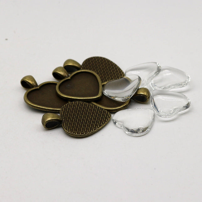 HEART Bezel with 20mm HEART GLASs Magnifying Domes Cabochon - 5 sets 10 pcs  - 33mmx24mm Antique Brass - KB12