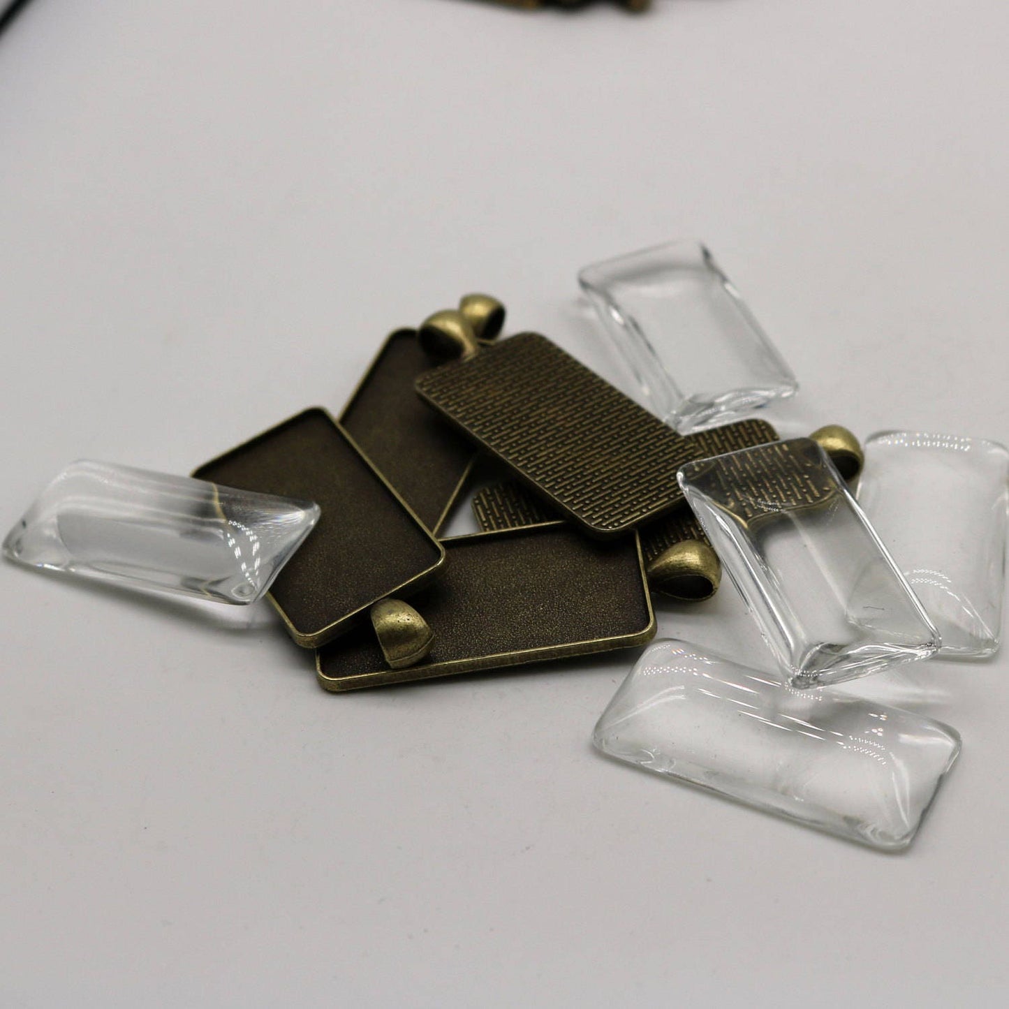 RECTANGULAR Bezel with 38mmX19mm GLASS Magnifying Domes Cabochon - 5 sets 10 pcs  - 48mmx21mm Antique Brass - KB13 - We are USA Seller